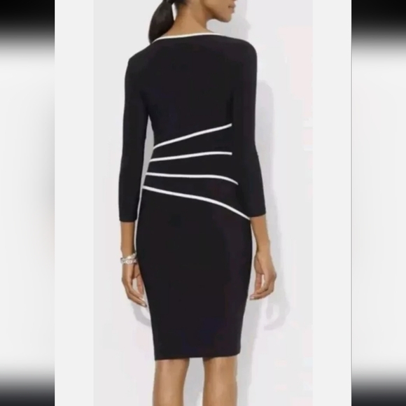 Lauren Ralph Lauren Dress Women's Sheath Black Cream V Neck 3/4 Sleeve Sz 16 - Picture 3 of 14